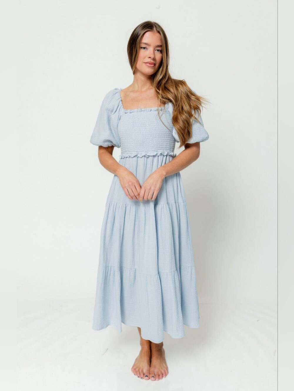 New Light Blue Cottagecore Prairiecore 100% Cotton Midi Dress Regular Maternity